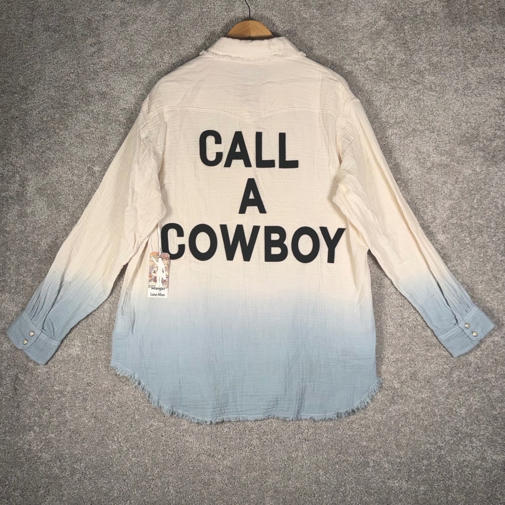 NWT‎ Wrangler x Lainey Wilson Call A Cowboy Ombre Gauze Shirt Cream Blue Large